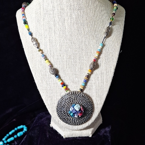 Multicolor Beaded Necklace with Silver Pendant - Picture 3 of 11
